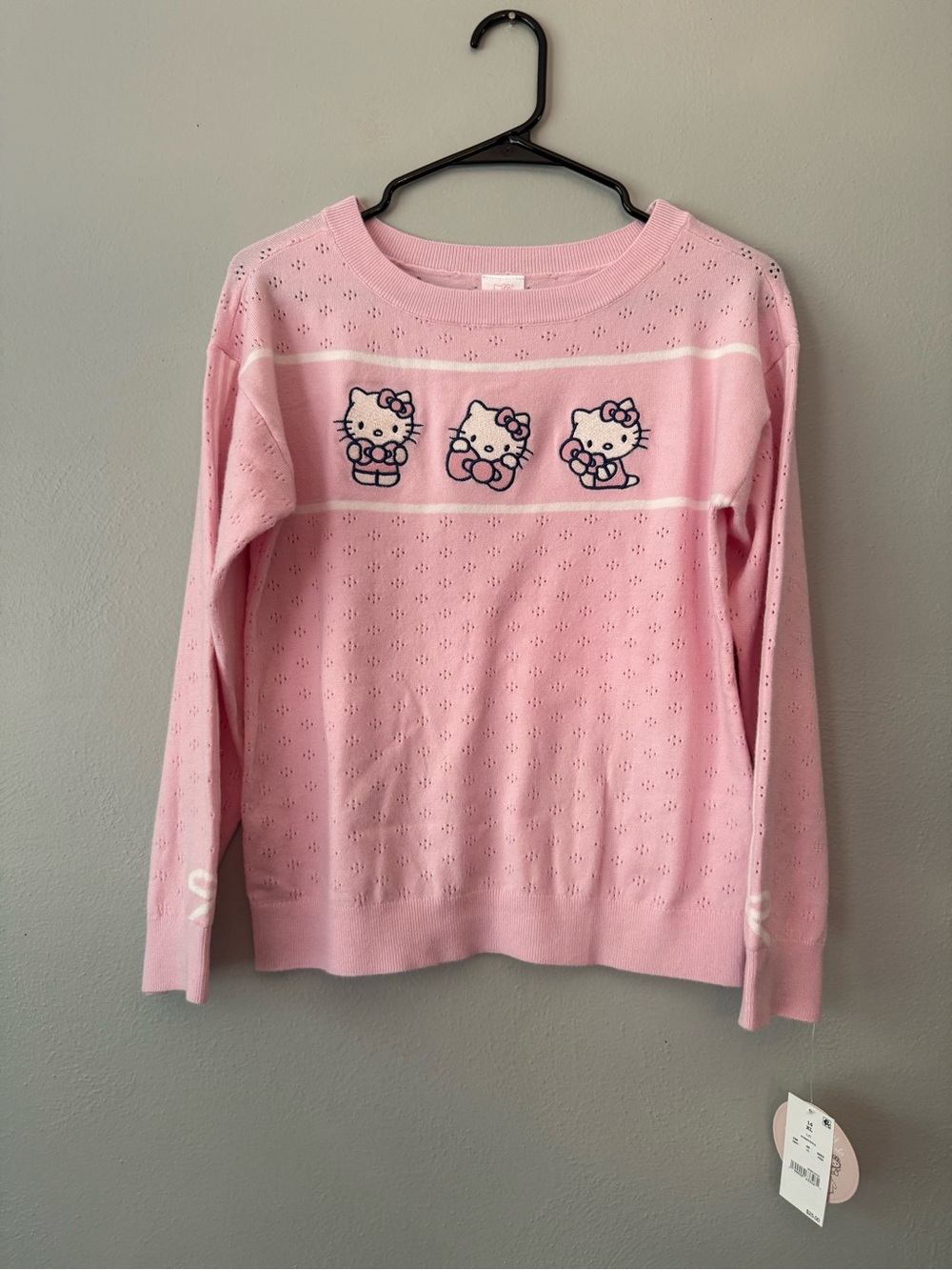 Hello Kitty Light Pink Eyelet Knit Crewneck Sweater Girls Size 14